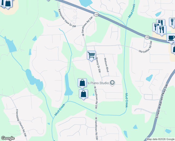 map of restaurants, bars, coffee shops, grocery stores, and more near 440 West Sandtown Road Southwest in Marietta