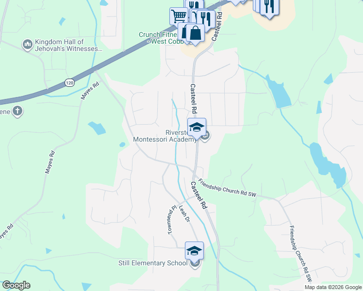 map of restaurants, bars, coffee shops, grocery stores, and more near 505 Baxter Way in Marietta