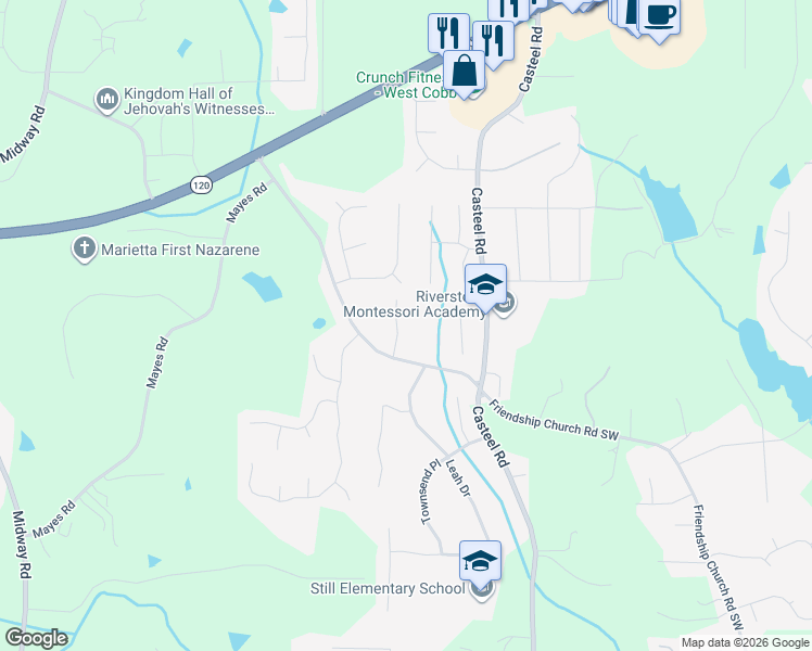map of restaurants, bars, coffee shops, grocery stores, and more near 575 Casteel Drive Southwest in Marietta