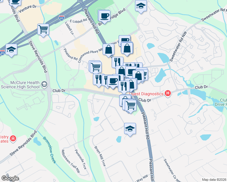 map of restaurants, bars, coffee shops, grocery stores, and more near 3665 Club Drive in Duluth