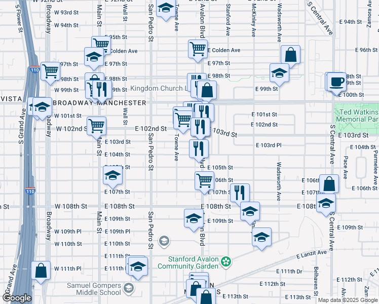 map of restaurants, bars, coffee shops, grocery stores, and more near 433 East 104th Street in Los Angeles