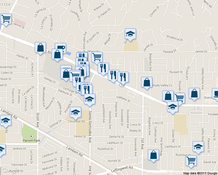 map of restaurants, bars, coffee shops, grocery stores, and more near 15907 La Forge Street in Whittier