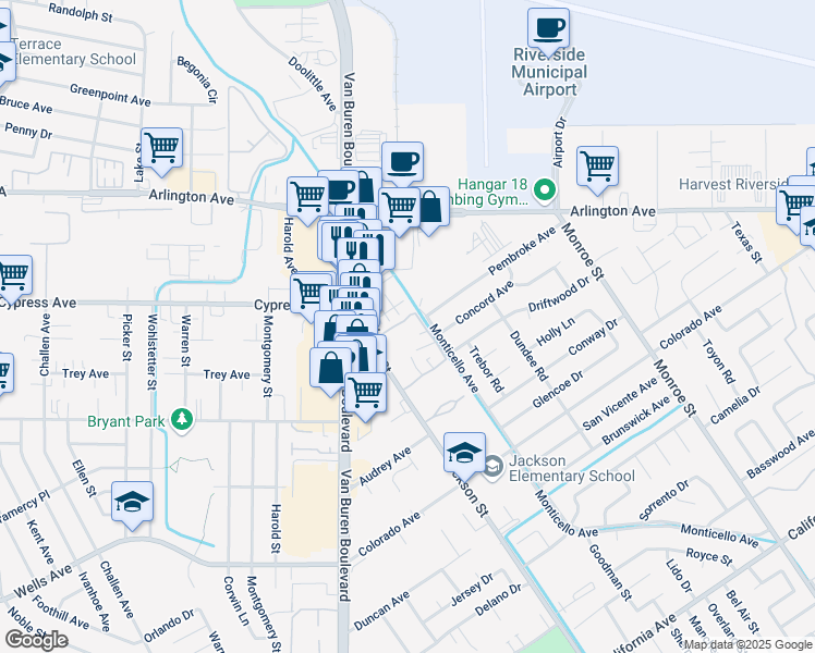 map of restaurants, bars, coffee shops, grocery stores, and more near 4879 Jackson Street in Riverside