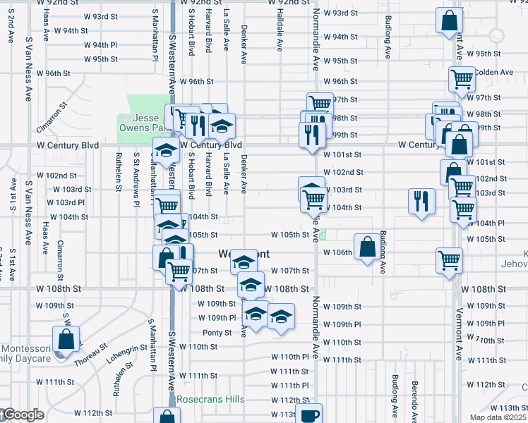 map of restaurants, bars, coffee shops, grocery stores, and more near 1530 West 104th Street in Los Angeles