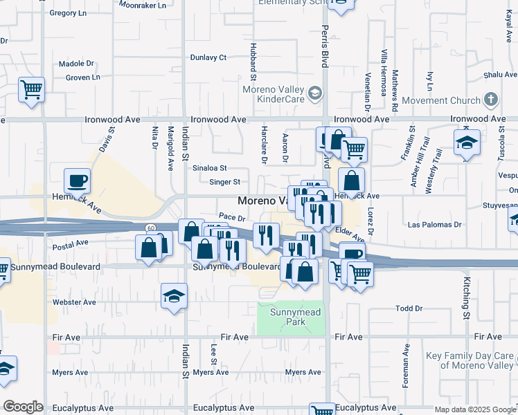 map of restaurants, bars, coffee shops, grocery stores, and more near 12291 Lamos Place in Moreno Valley