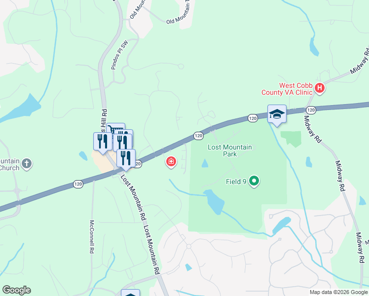 map of restaurants, bars, coffee shops, grocery stores, and more near 504 Mount Park Drive in Powder Springs