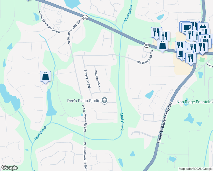 map of restaurants, bars, coffee shops, grocery stores, and more near 450 Karl Court in Marietta