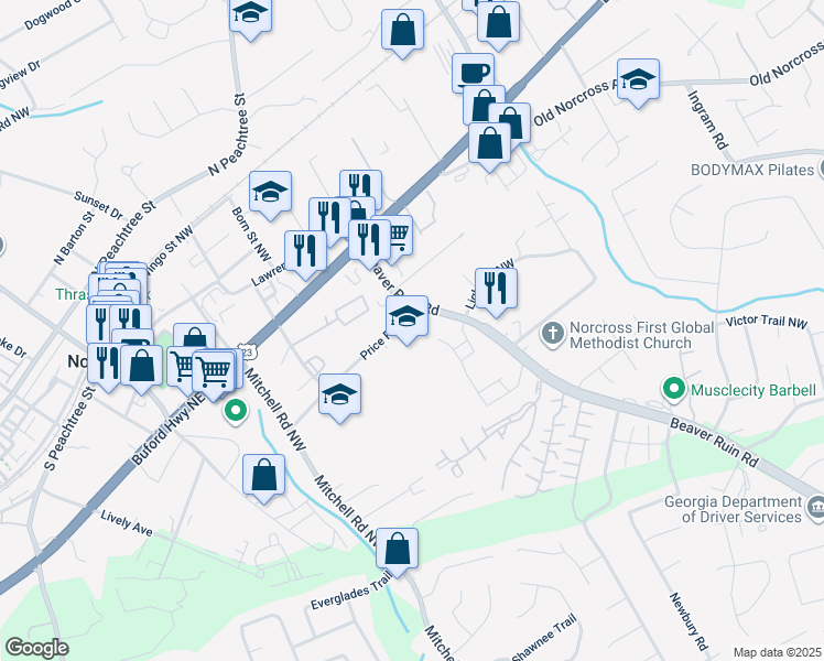 map of restaurants, bars, coffee shops, grocery stores, and more near 2595 Beaver Ruin Road in Norcross