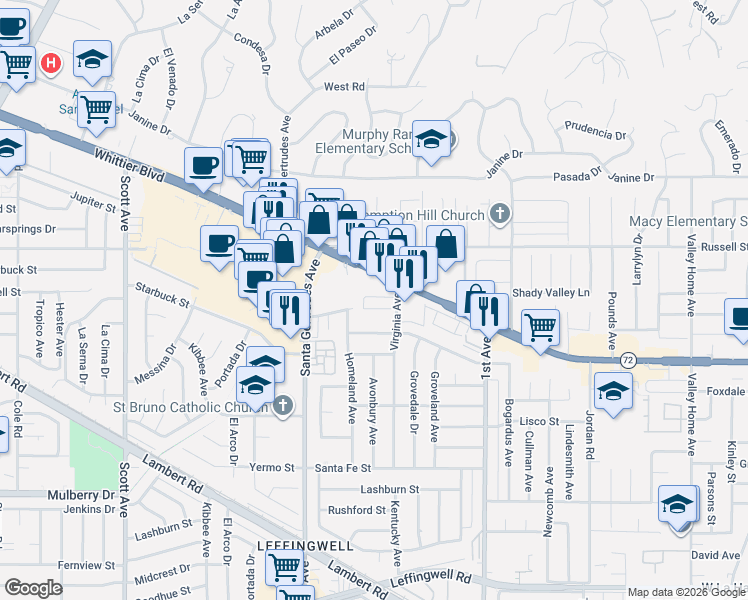 map of restaurants, bars, coffee shops, grocery stores, and more near in Whittier