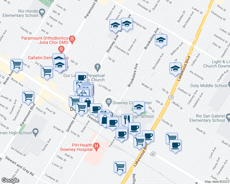 map of restaurants, bars, coffee shops, grocery stores, and more near 8383 La Villa Street in Downey