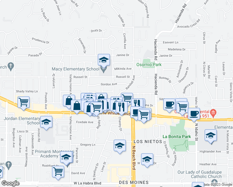 map of restaurants, bars, coffee shops, grocery stores, and more near 9361 Randall Avenue in La Habra