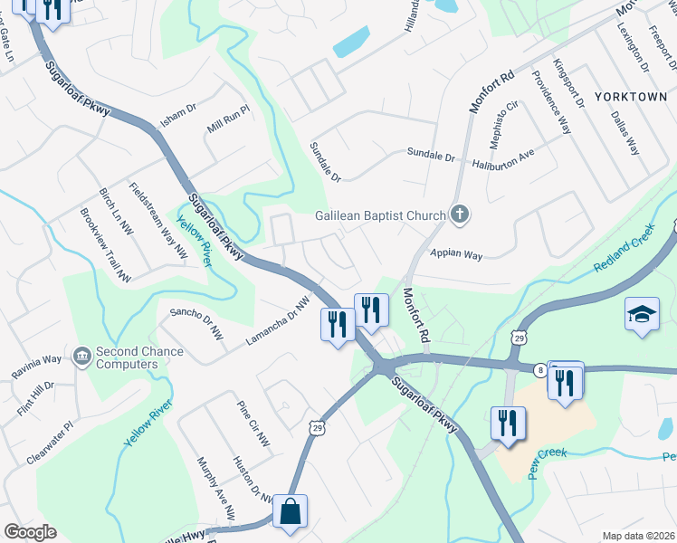 map of restaurants, bars, coffee shops, grocery stores, and more near 742 River Hill Drive in Lawrenceville