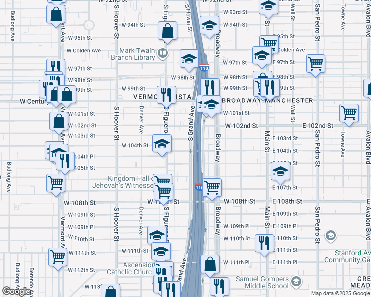 map of restaurants, bars, coffee shops, grocery stores, and more near 411 West 104th Street in Los Angeles