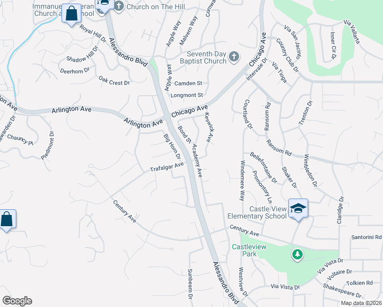 map of restaurants, bars, coffee shops, grocery stores, and more near 6075 Academy Avenue in Riverside
