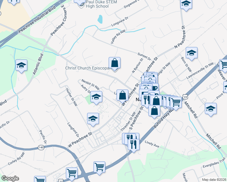 map of restaurants, bars, coffee shops, grocery stores, and more near 281 Lake Drive in Norcross