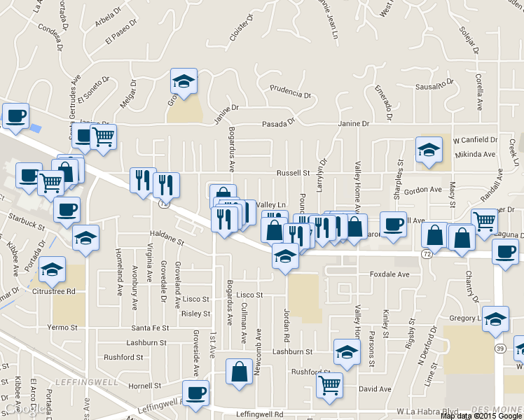 map of restaurants, bars, coffee shops, grocery stores, and more near 16302 Shady Valley Lane in Whittier