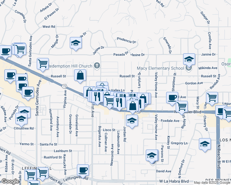 map of restaurants, bars, coffee shops, grocery stores, and more near 16302 Shady Valley Lane in Whittier