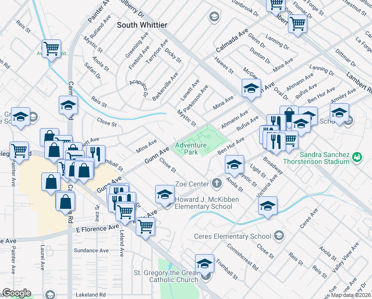 map of restaurants, bars, coffee shops, grocery stores, and more near 13833 Reis Street in Whittier