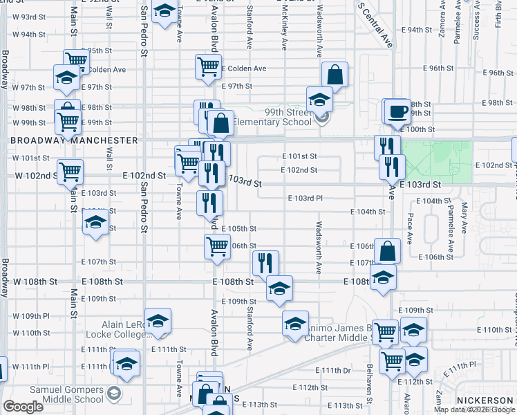 map of restaurants, bars, coffee shops, grocery stores, and more near 713 East 104th Street in Los Angeles