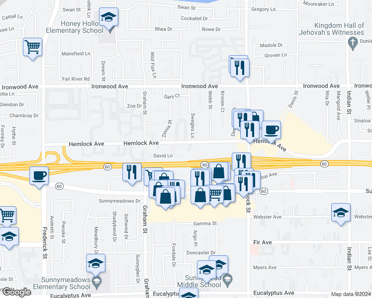 map of restaurants, bars, coffee shops, grocery stores, and more near 23705 Hemlock Avenue in Moreno Valley