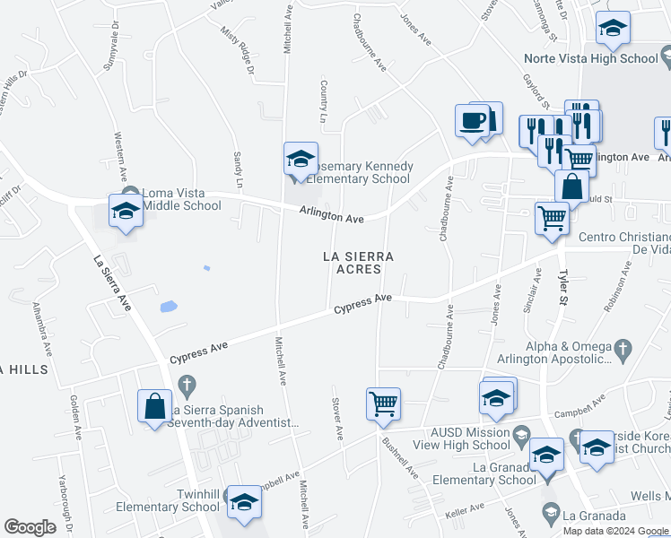 map of restaurants, bars, coffee shops, grocery stores, and more near 6179 Stover Avenue in Riverside