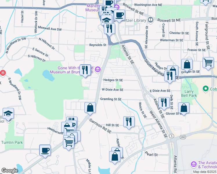 map of restaurants, bars, coffee shops, grocery stores, and more near 63 W Dixie Avenue Southeast in Marietta
