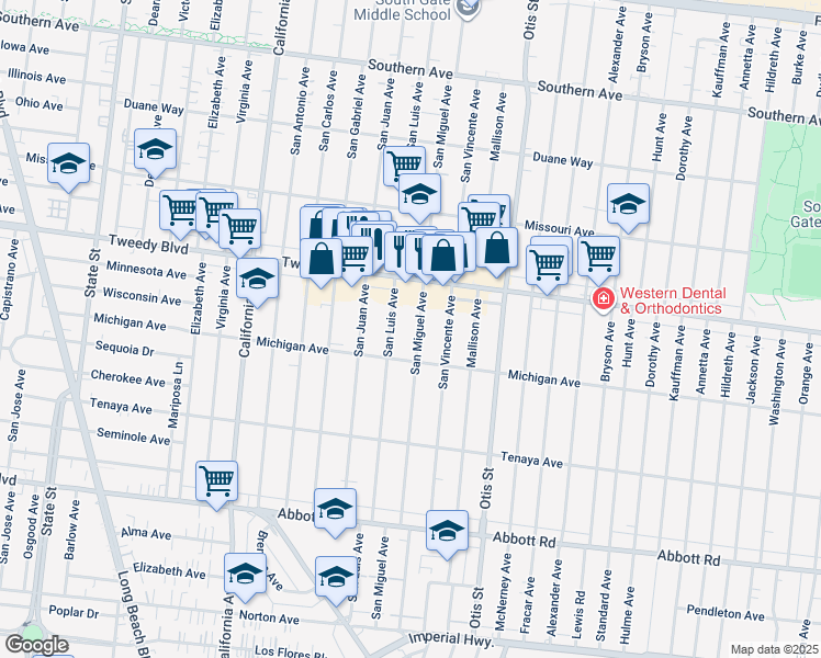map of restaurants, bars, coffee shops, grocery stores, and more near 10101 San Miguel Avenue in South Gate