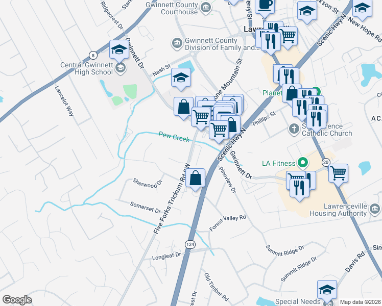 map of restaurants, bars, coffee shops, grocery stores, and more near 345 Stone Mountain Street in Lawrenceville