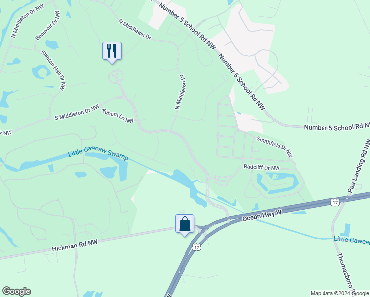 map of restaurants, bars, coffee shops, grocery stores, and more near 191 South Middleton Drive Northwest in Calabash