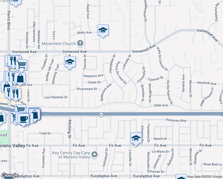 map of restaurants, bars, coffee shops, grocery stores, and more near 12323 Grenville Avenue in Moreno Valley