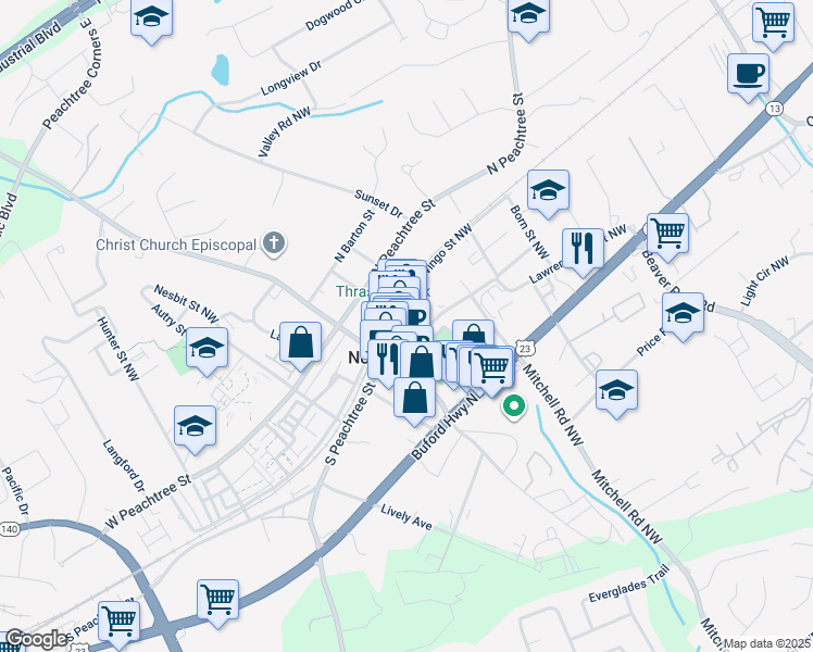 map of restaurants, bars, coffee shops, grocery stores, and more near 15B South Peachtree Street in Norcross