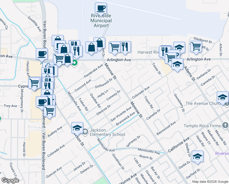 map of restaurants, bars, coffee shops, grocery stores, and more near 8745 Conway Drive in Riverside