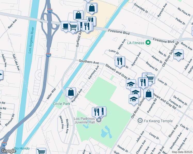 map of restaurants, bars, coffee shops, grocery stores, and more near 9658 Karmont Avenue in South Gate