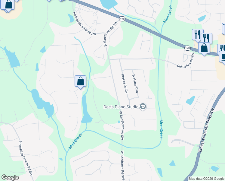 map of restaurants, bars, coffee shops, grocery stores, and more near 440 West Sandtown Road Southwest in Marietta