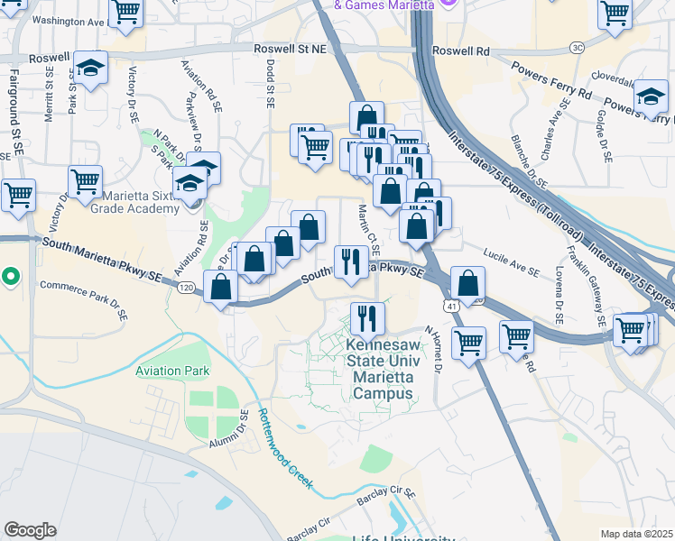 map of restaurants, bars, coffee shops, grocery stores, and more near 1150 South Marietta Parkway Southeast in Marietta