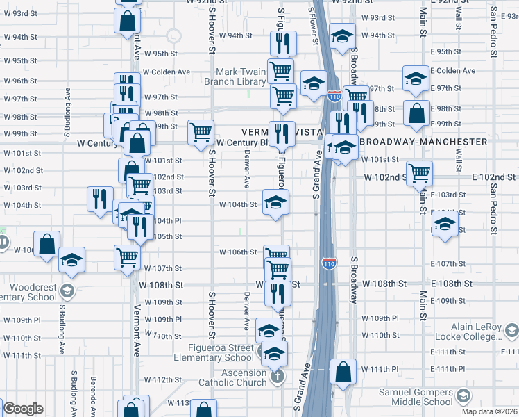 map of restaurants, bars, coffee shops, grocery stores, and more near 536 West 104th Street in Los Angeles