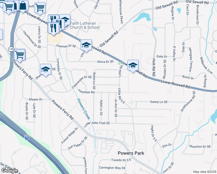 map of restaurants, bars, coffee shops, grocery stores, and more near 2340 Engineers Drive Southeast in Marietta