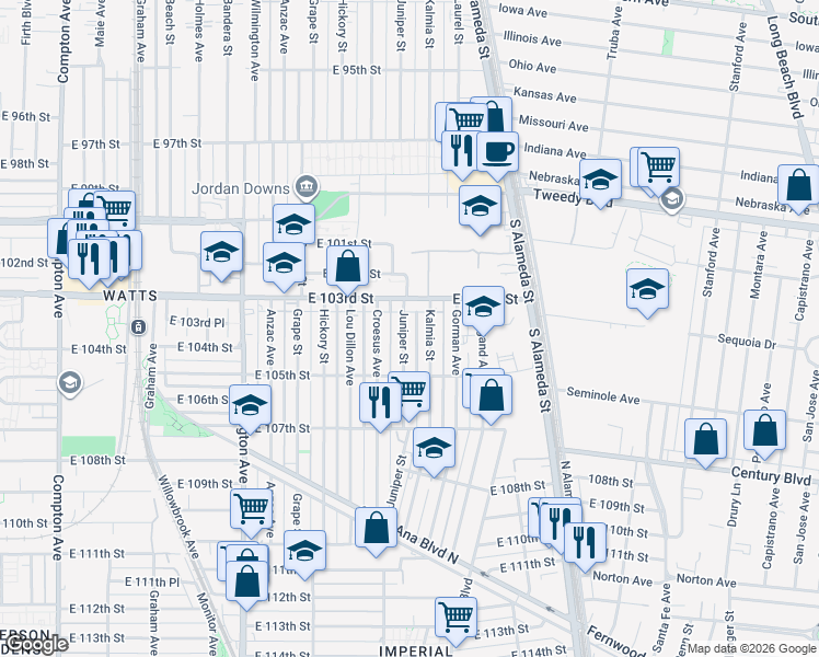 map of restaurants, bars, coffee shops, grocery stores, and more near 10332 Juniper Street in Los Angeles