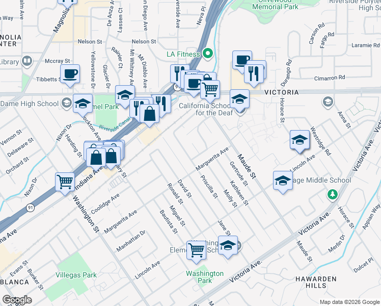 map of restaurants, bars, coffee shops, grocery stores, and more near 3165 Priscilla Street in Riverside