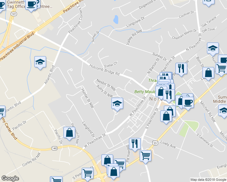 map of restaurants, bars, coffee shops, grocery stores, and more near 370 Nesbit Street Northwest in Norcross