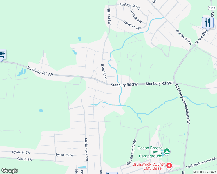 map of restaurants, bars, coffee shops, grocery stores, and more near 1035 Stanbury Road Southwest in Brunswick County