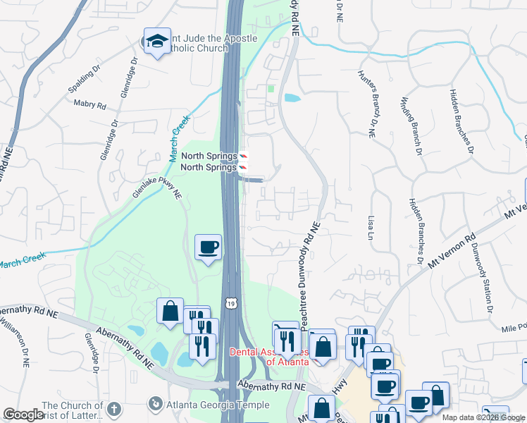 map of restaurants, bars, coffee shops, grocery stores, and more near 6850 Peachtree Dunwoody Road in Atlanta
