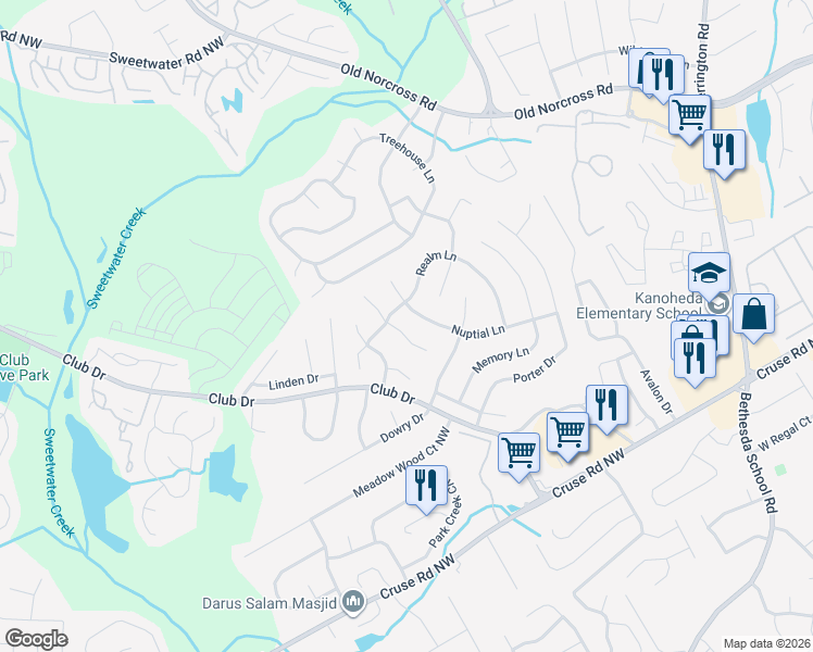 map of restaurants, bars, coffee shops, grocery stores, and more near 2965 Clipper Ct in Lawrenceville