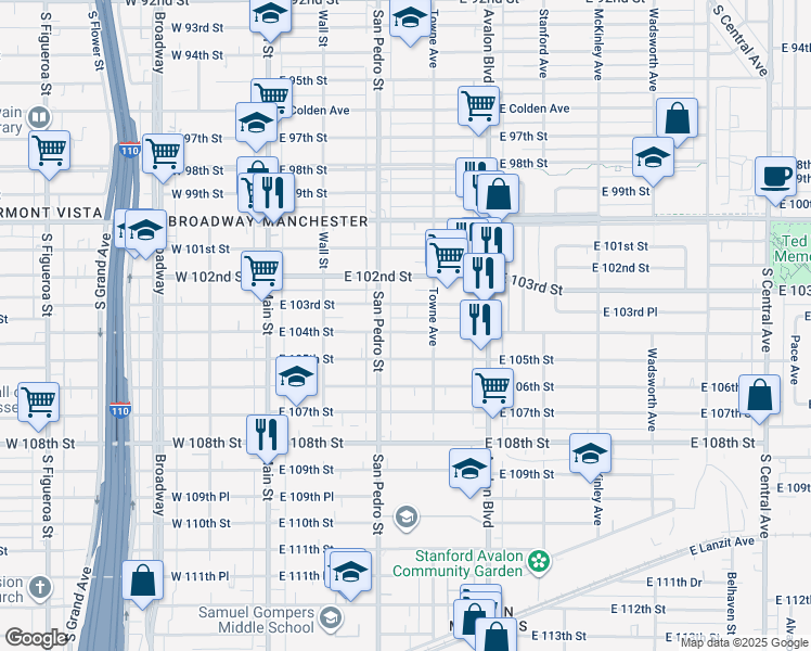 map of restaurants, bars, coffee shops, grocery stores, and more near 331 East 104th Street in Los Angeles