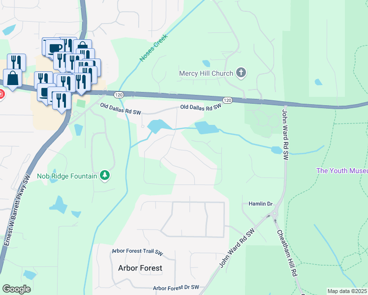 map of restaurants, bars, coffee shops, grocery stores, and more near 2236 Sage Mountain Court in Marietta
