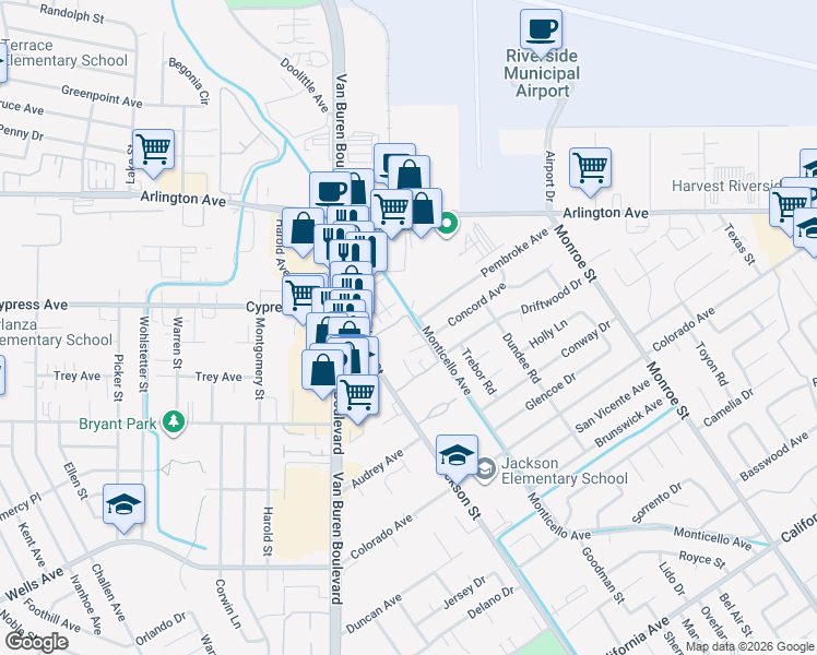 map of restaurants, bars, coffee shops, grocery stores, and more near 4879 Jackson Street in Riverside