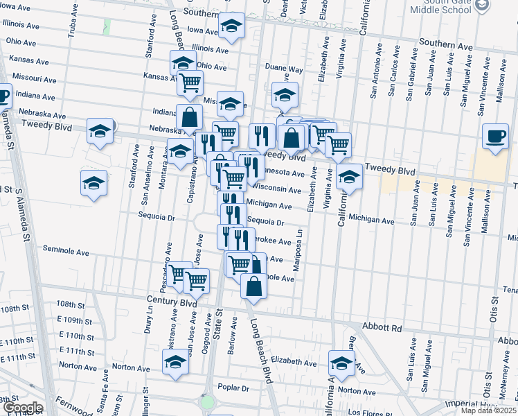 map of restaurants, bars, coffee shops, grocery stores, and more near 3269 Sequoia Drive in South Gate
