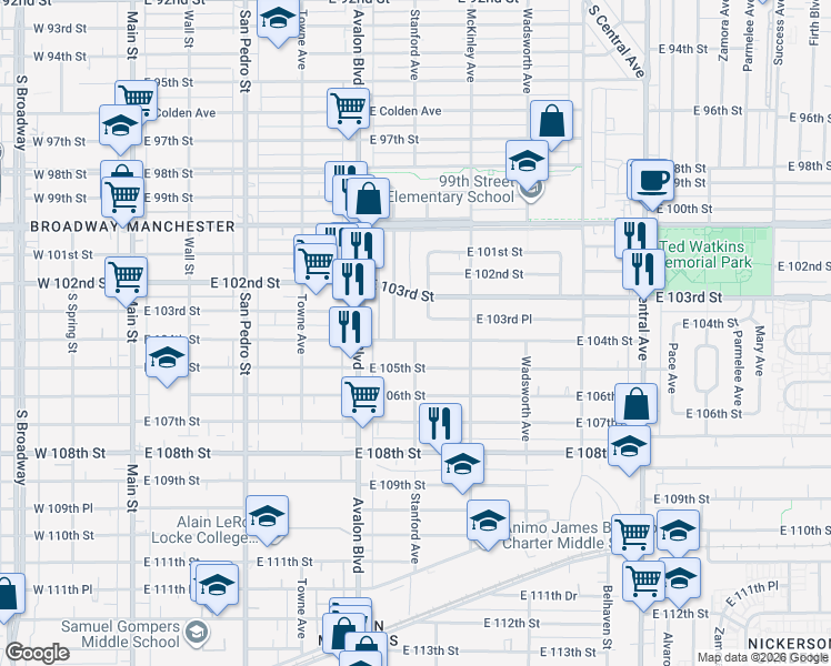 map of restaurants, bars, coffee shops, grocery stores, and more near 658 East 103rd Street in Los Angeles