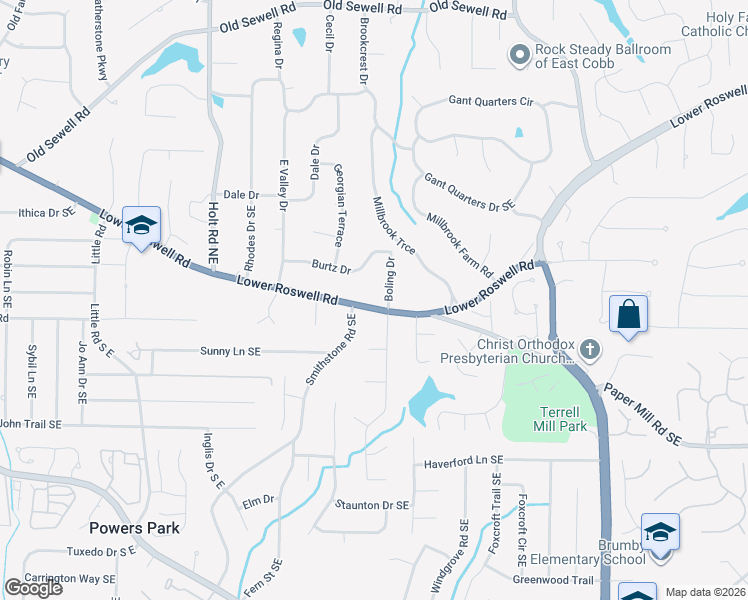 map of restaurants, bars, coffee shops, grocery stores, and more near 2811 Lower Roswell Road in Marietta