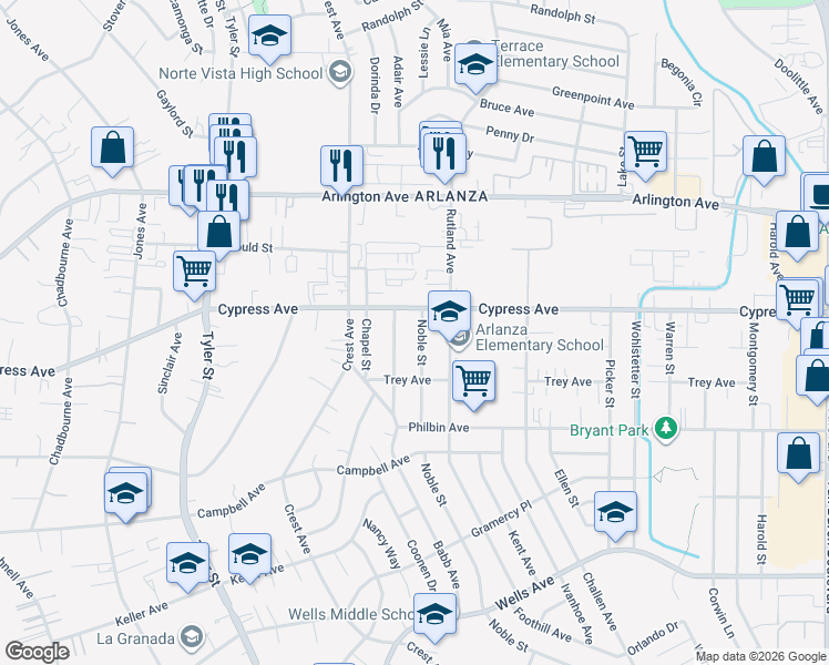map of restaurants, bars, coffee shops, grocery stores, and more near 5931 Noble Street in Riverside